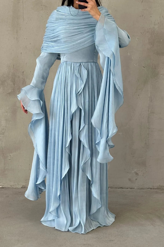 Volan Detaylı Fırfırlı Tesettür Abiye mavi