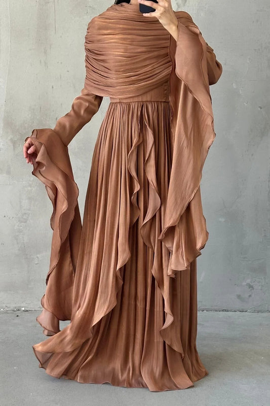 Volan Detaylı Fırfırlı Tesettür Abiye Bakır