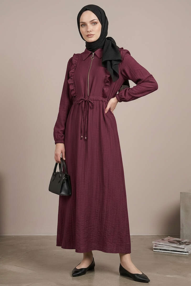 Yaka Fırfırlı Bel Tünelli Elbise bordo