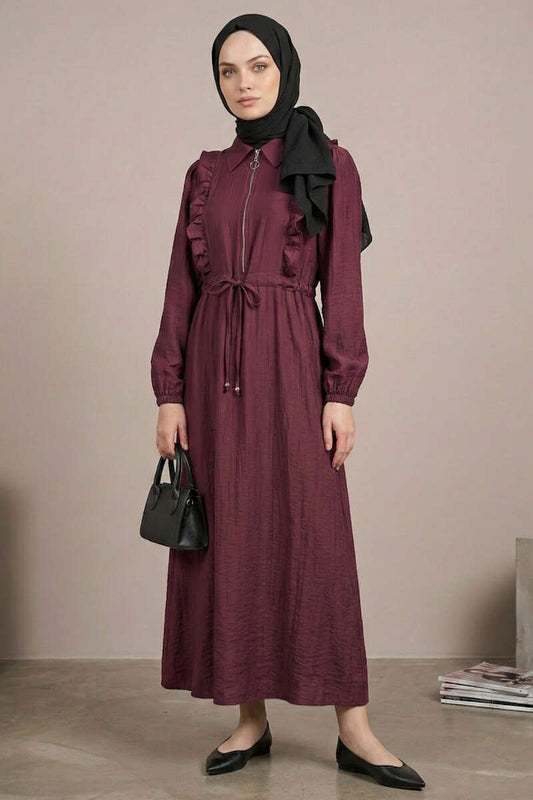 Yaka Fırfırlı Bel Tünelli Elbise bordo