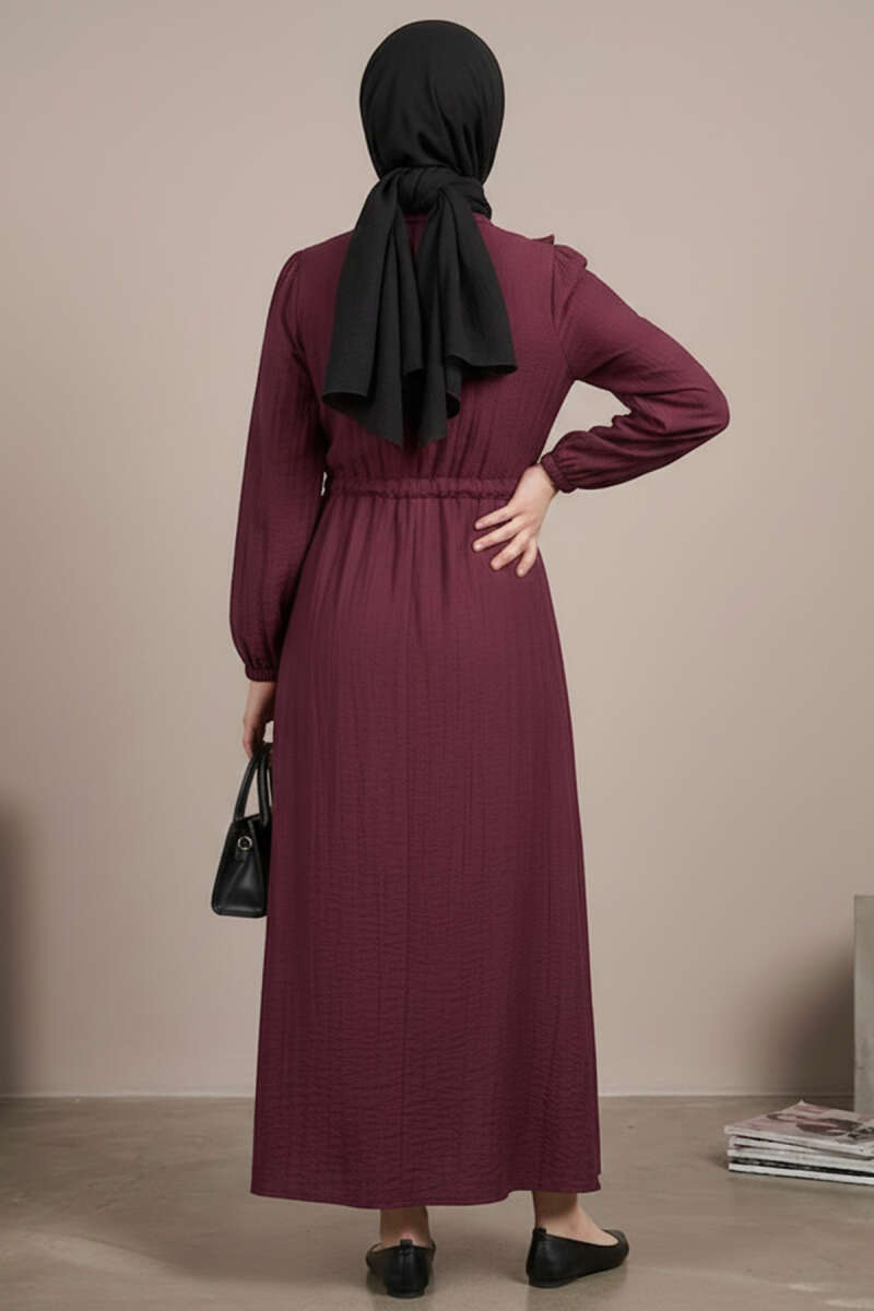 Yaka Fırfırlı Bel Tünelli Elbise bordo