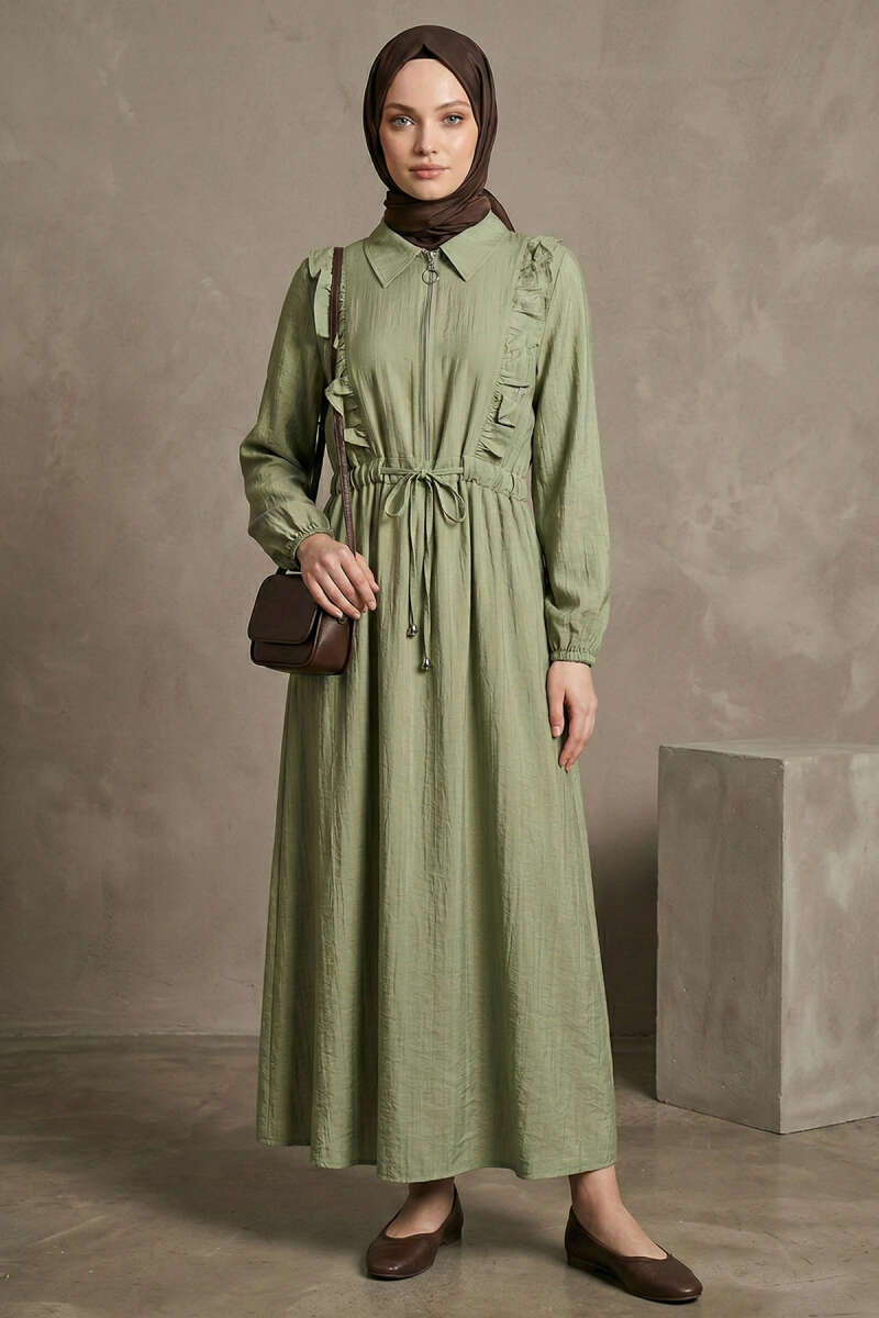 Yaka Fırfırlı Bel Tünelli Elbise cagla yesili