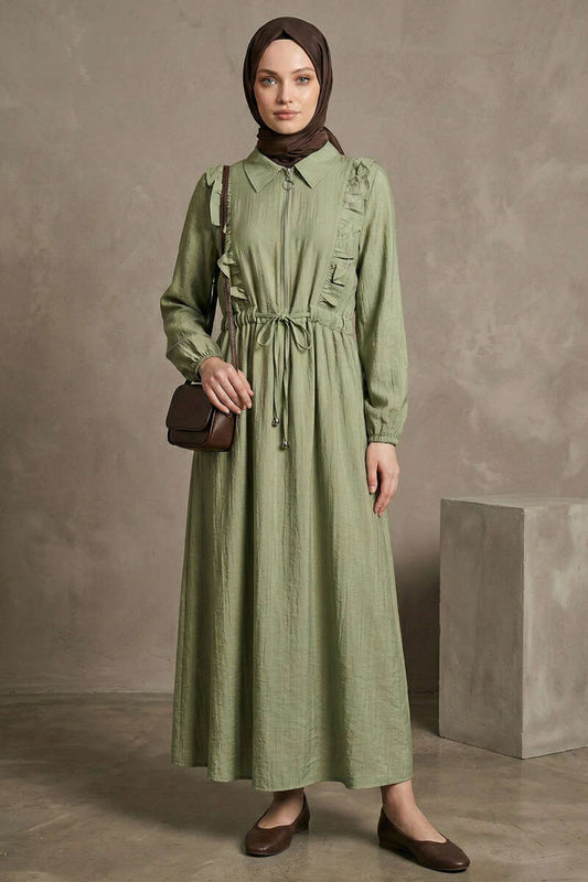 Yaka Fırfırlı Bel Tünelli Elbise cagla yesili