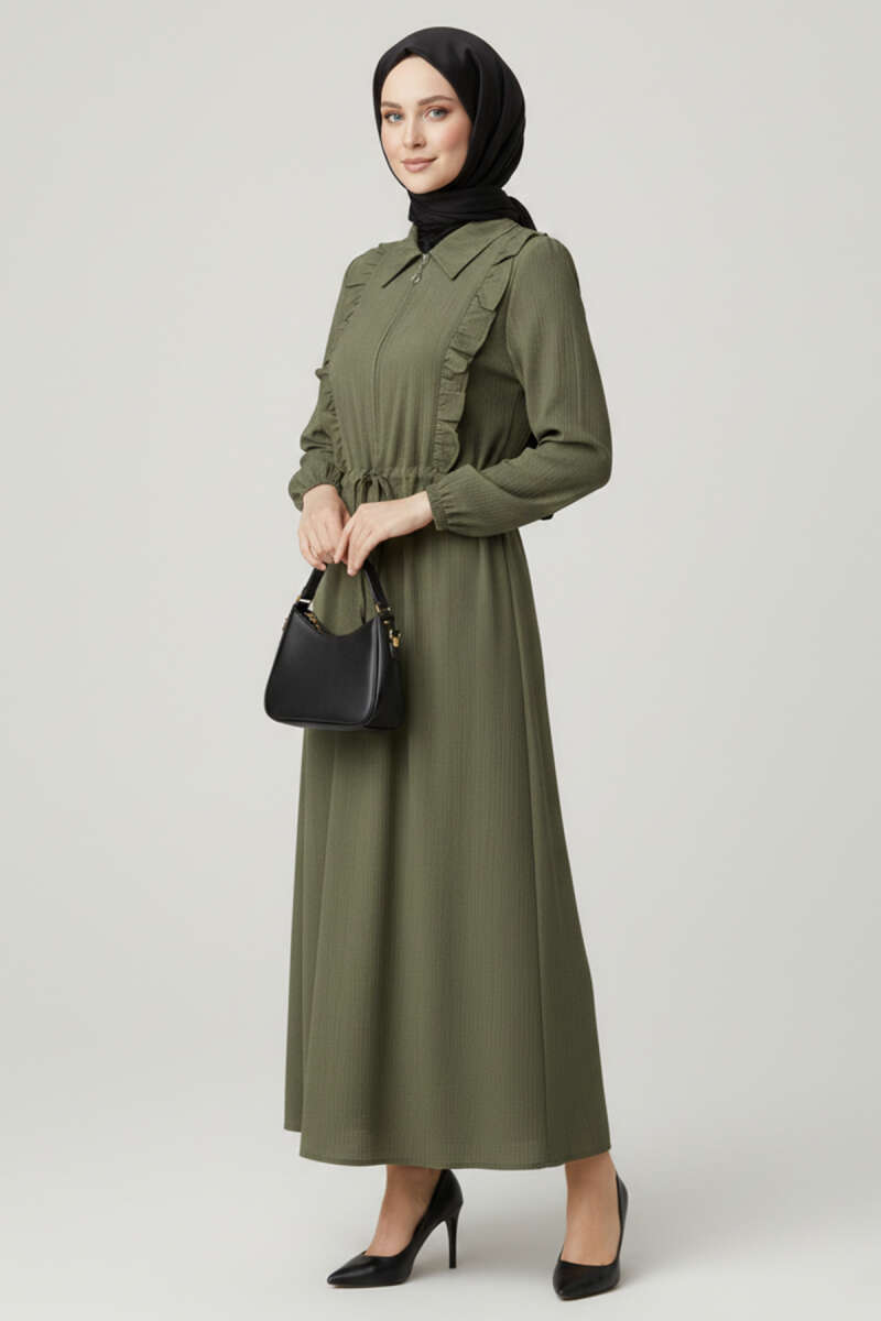 Yaka Fırfırlı Bel Tünelli Elbise haki