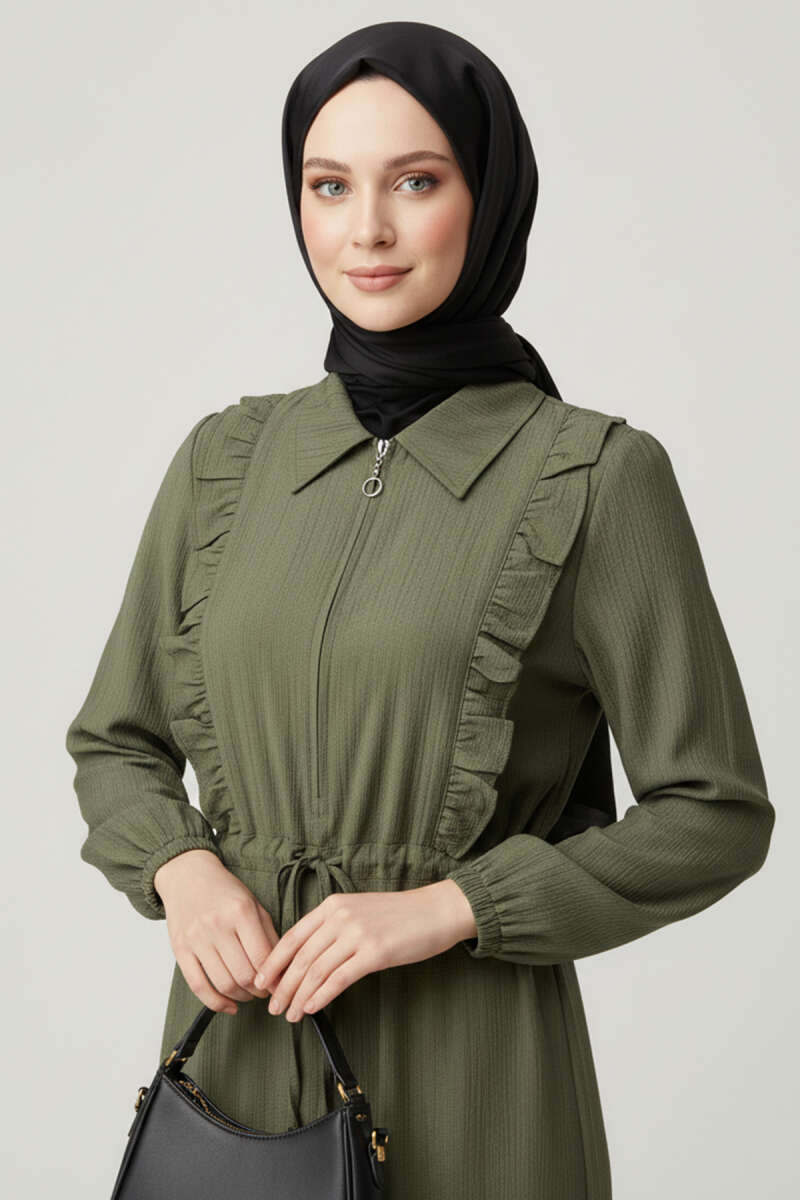 Yaka Fırfırlı Bel Tünelli Elbise haki