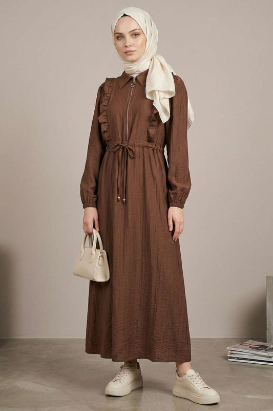 Yaka Fırfırlı Bel Tünelli Elbise kahve