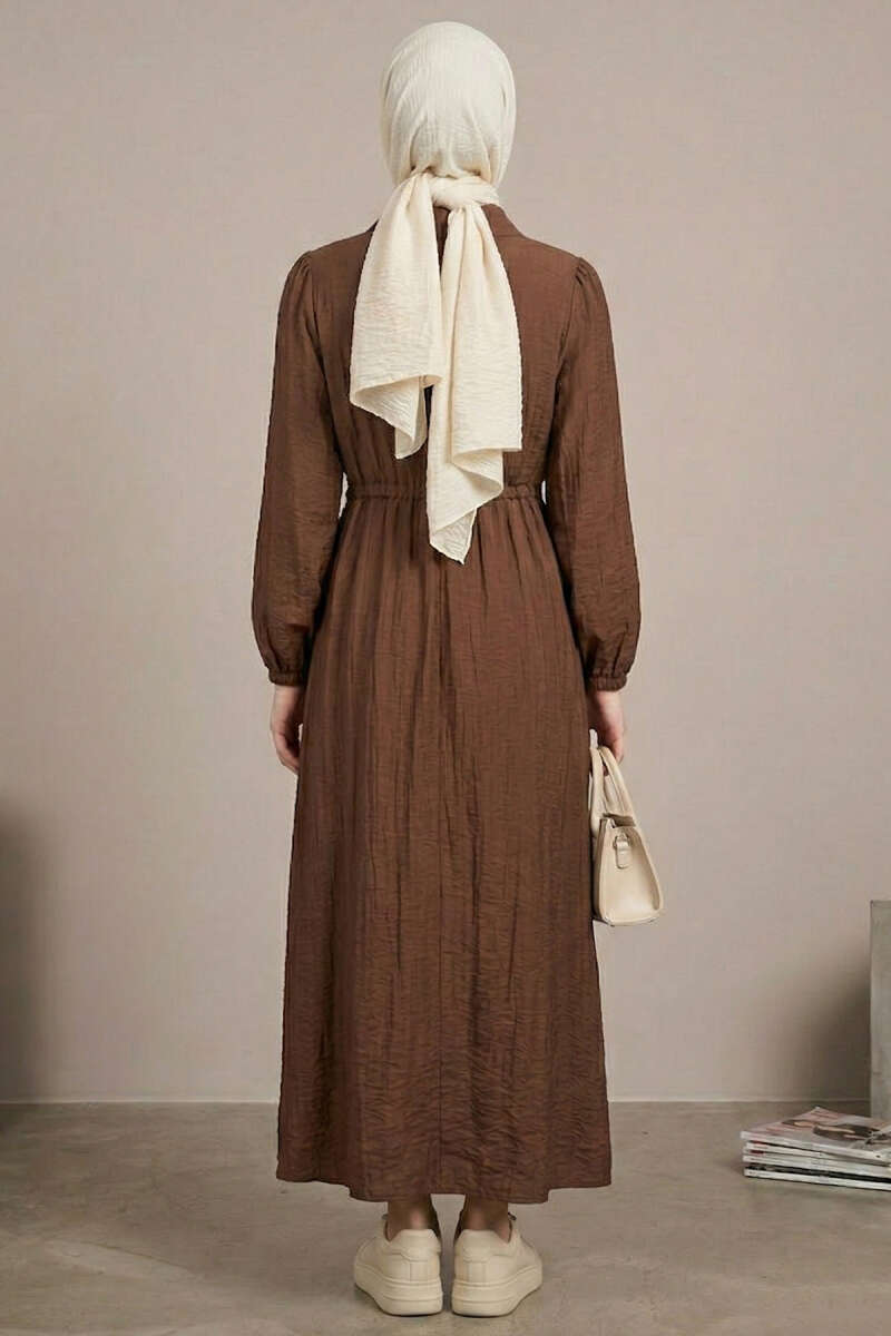 Yaka Fırfırlı Bel Tünelli Elbise kahve