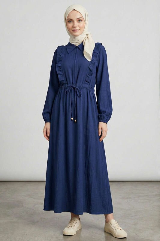 Yaka Fırfırlı Bel Tünelli Elbise lacivert