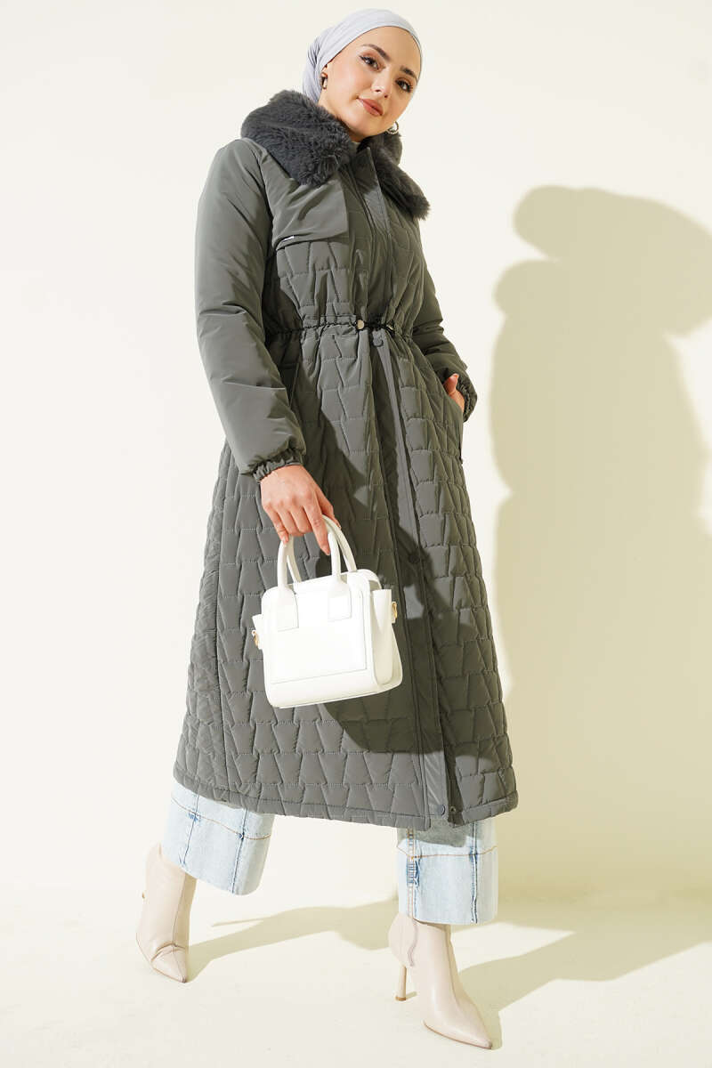 Yaka Kürklü Kapitone Uzun Mont gri