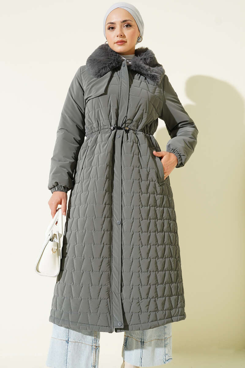 Yaka Kürklü Kapitone Uzun Mont gri