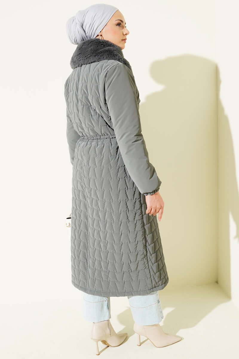 Yaka Kürklü Kapitone Uzun Mont gri