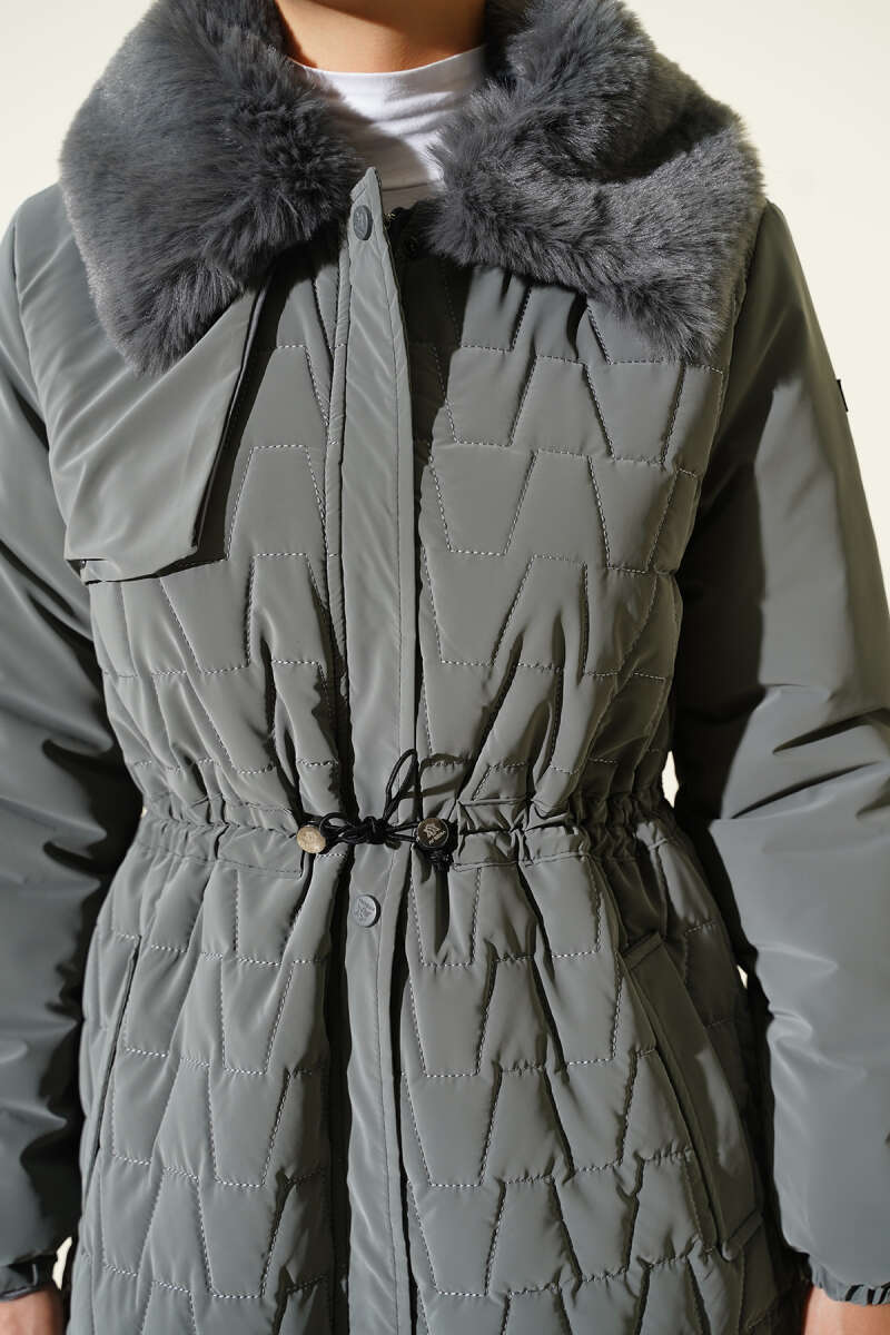 Yaka Kürklü Kapitone Uzun Mont gri
