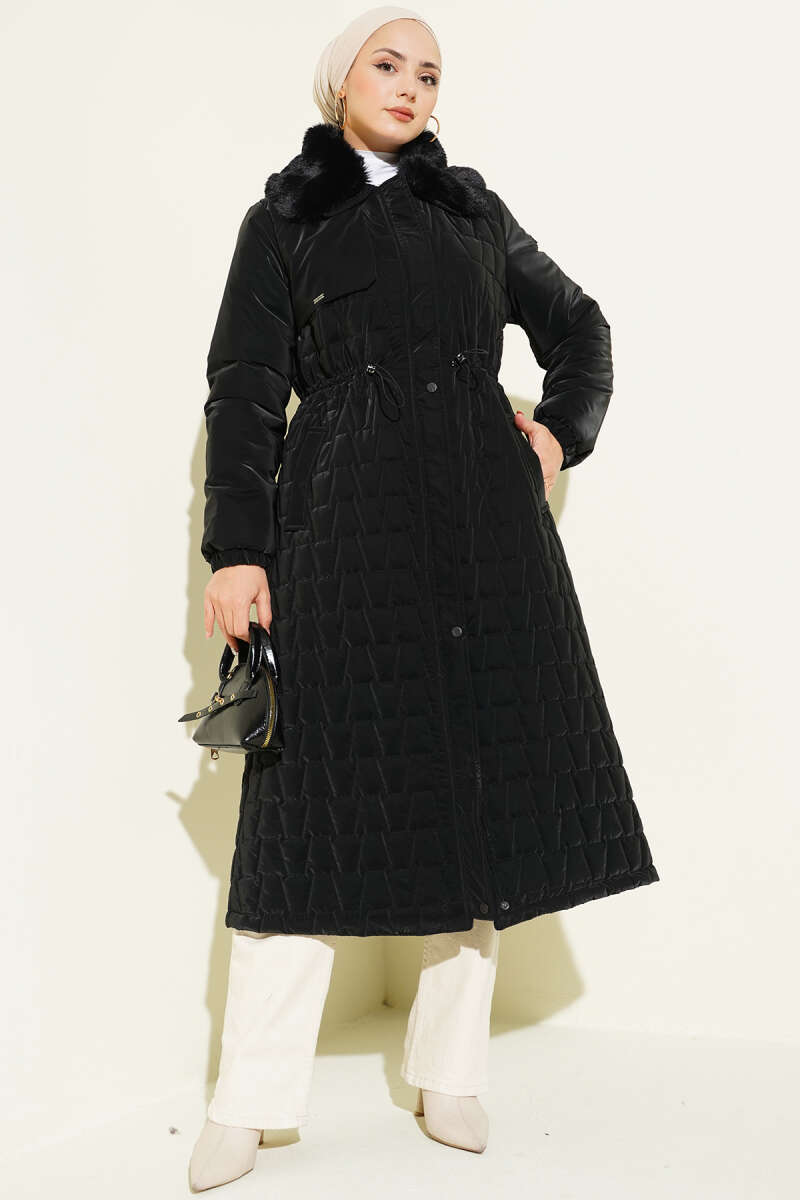 Yaka Kürklü Kapitone Uzun Mont siyah