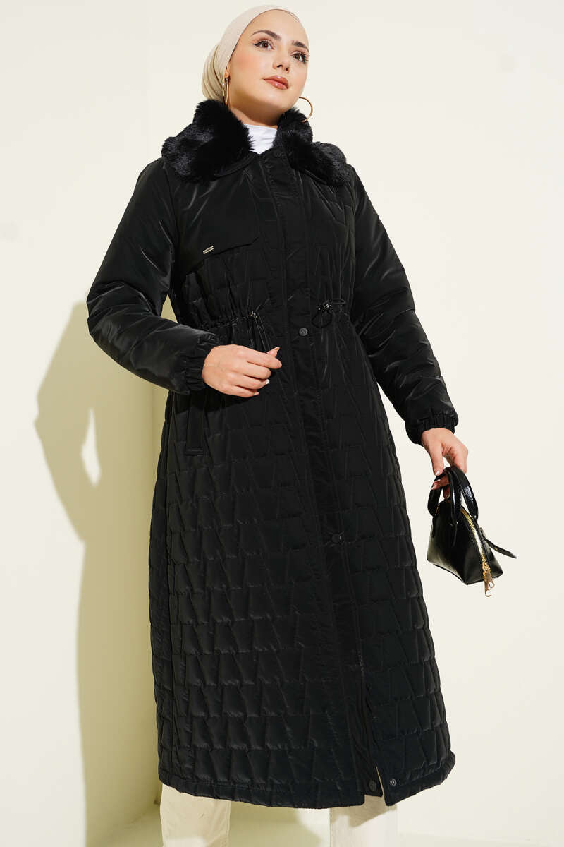 Yaka Kürklü Kapitone Uzun Mont siyah