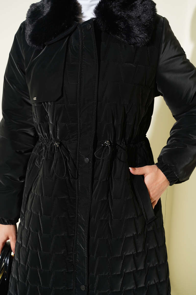 Yaka Kürklü Kapitone Uzun Mont siyah