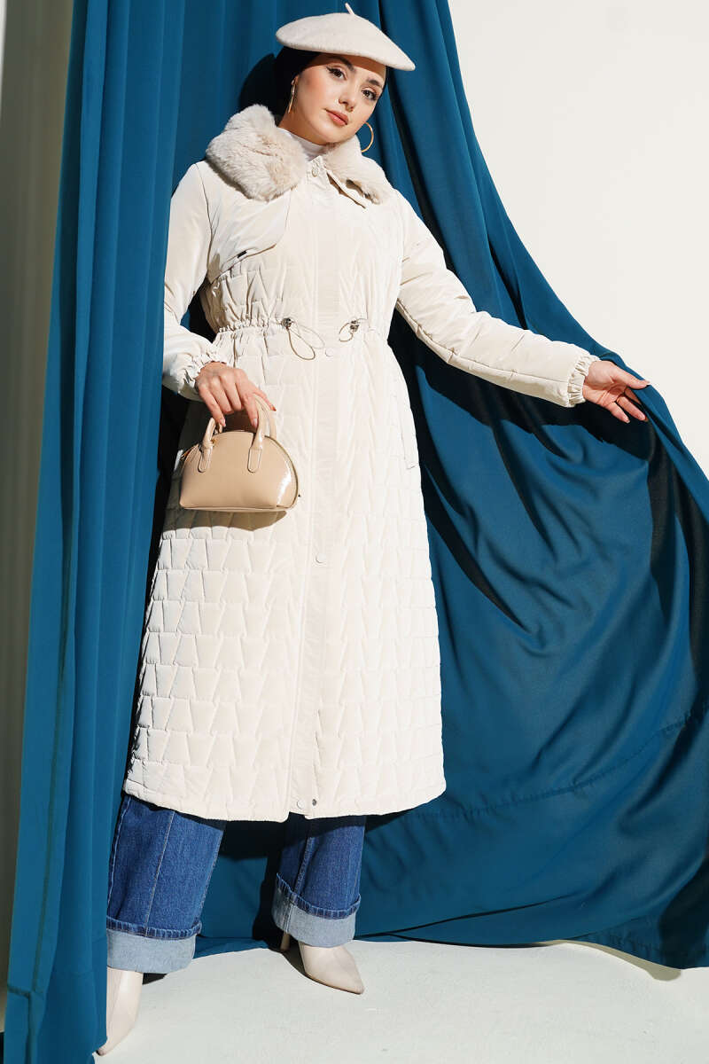 Yaka Kürklü Kapitone Uzun Mont taş