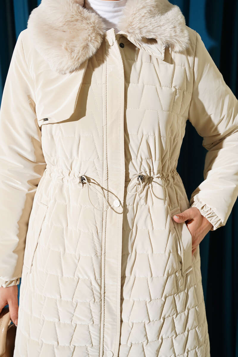 Yaka Kürklü Kapitone Uzun Mont taş