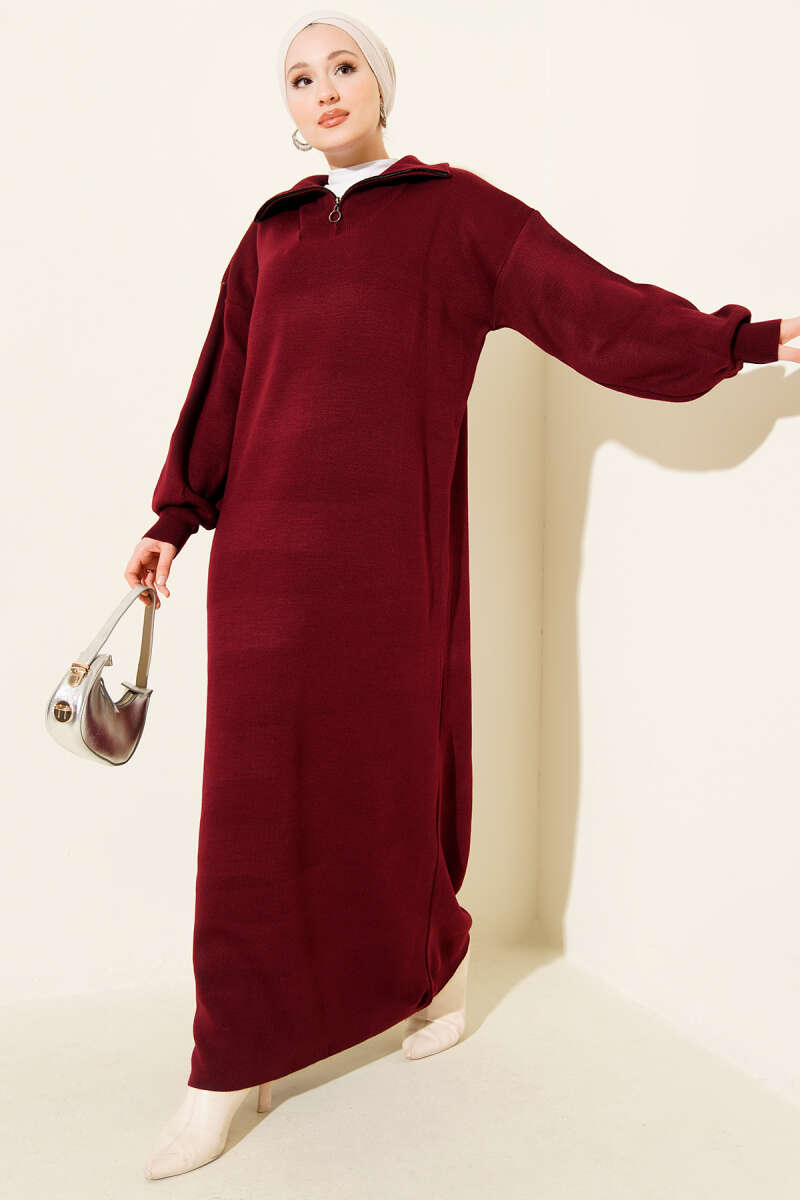 Half-Zip Collar Knit Dress Burgundy