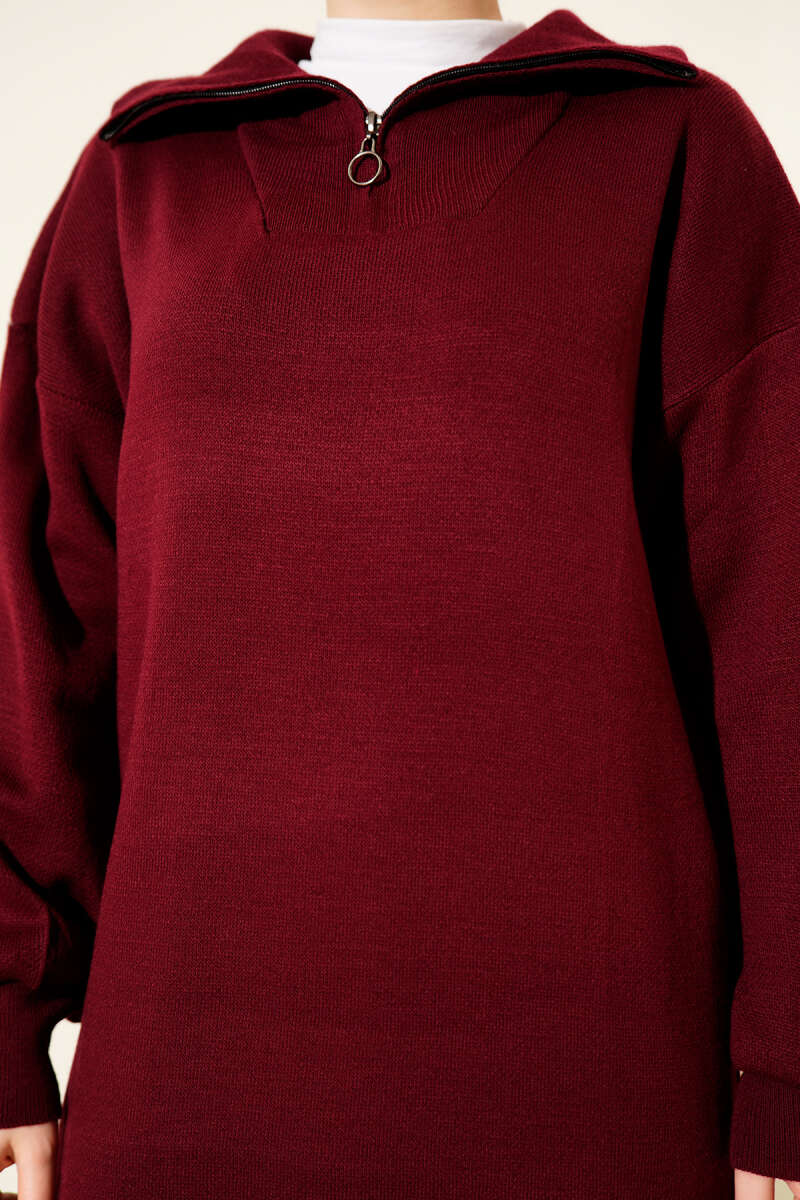 Half-Zip Collar Knit Dress Burgundy