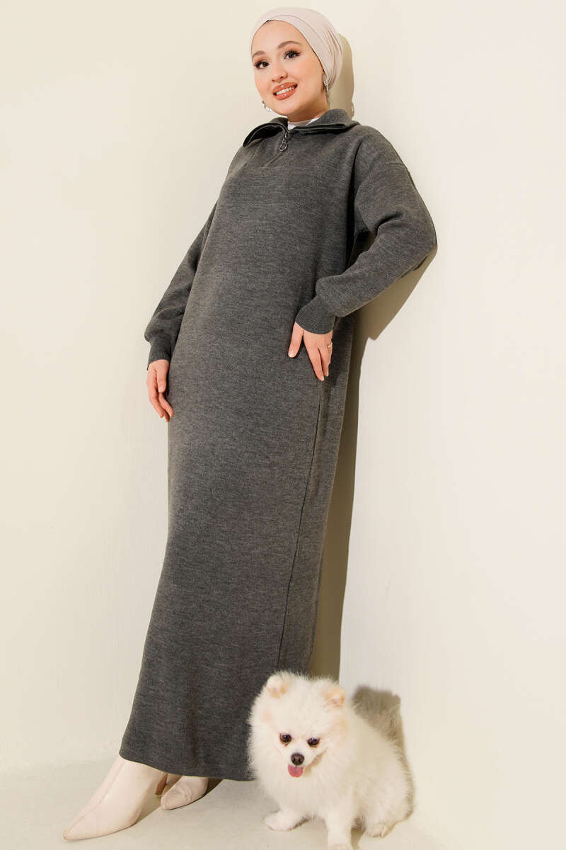 Half-Zip Collar Knit Dress gray
