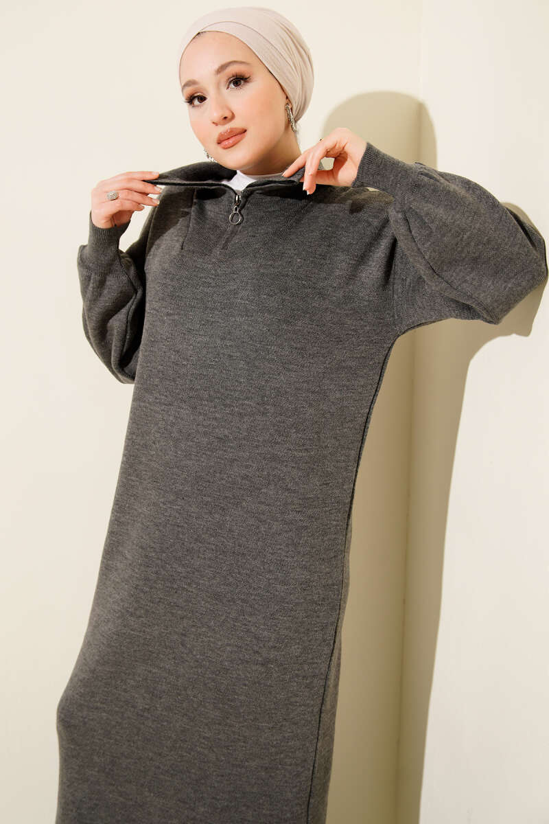 Half-Zip Collar Knit Dress gray