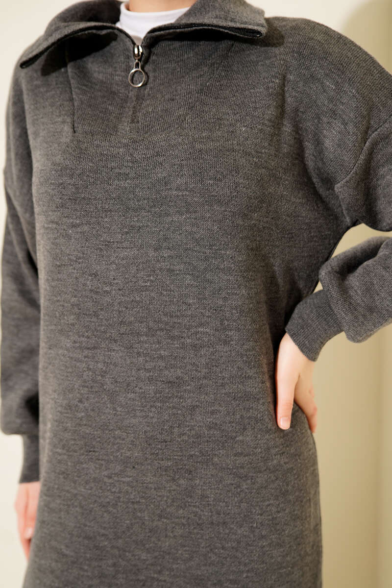 Half-Zip Collar Knit Dress gray