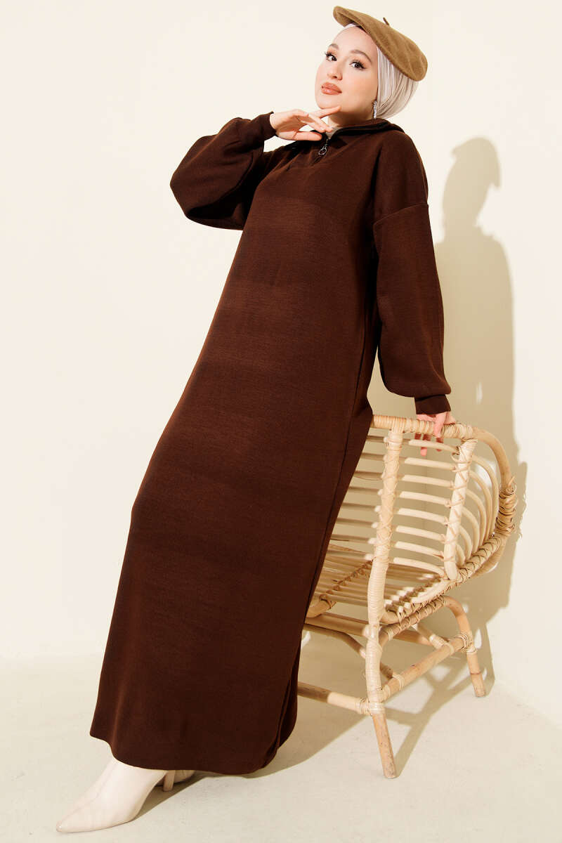 Half-Zip Collar Knit Dress Brown