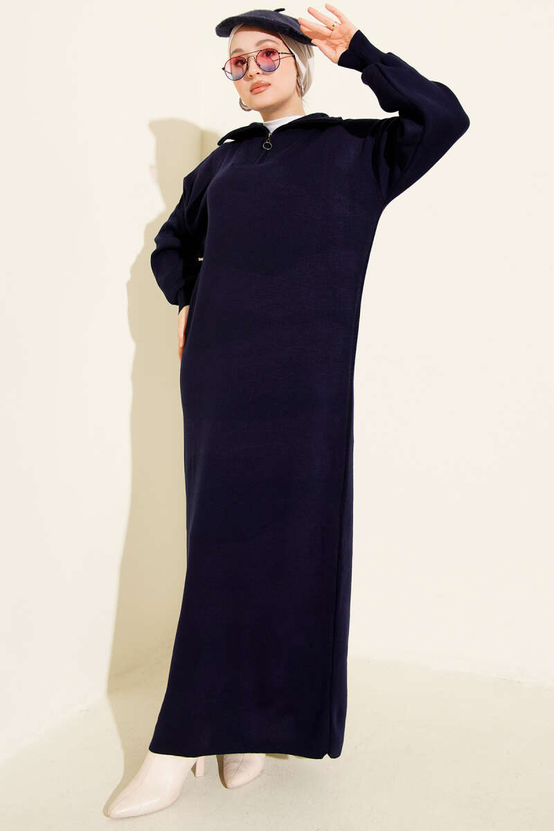 Half-Zip Collar Knit Dress Navy Blue
