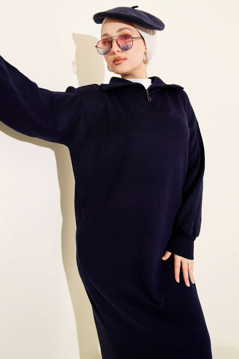 Half-Zip Collar Knit Dress Navy Blue