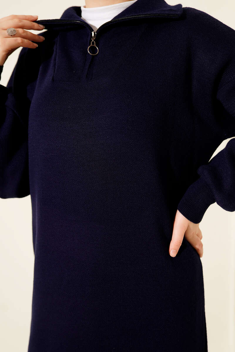 Half-Zip Collar Knit Dress Navy Blue