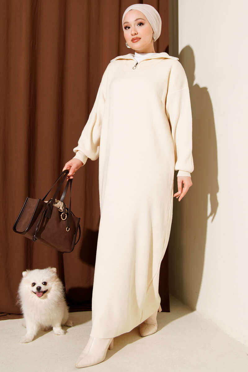 Half-Zip Collar Knit Dress ecru