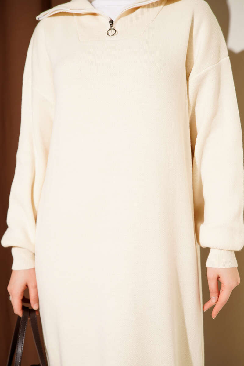 Half-Zip Collar Knit Dress ecru