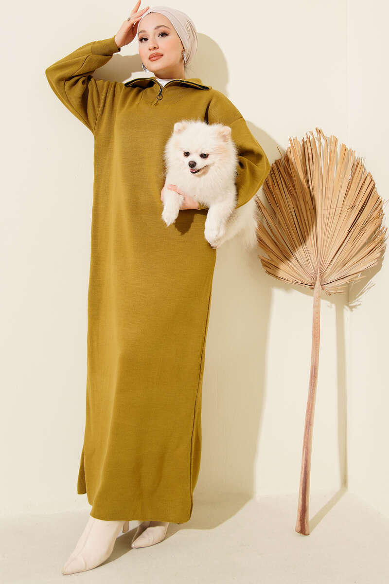 Half-Zip Collar Knit Dress Olive Green