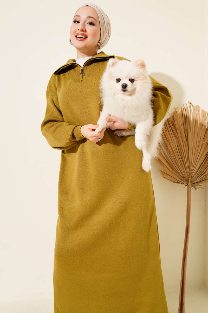 Half-Zip Collar Knit Dress Olive Green
