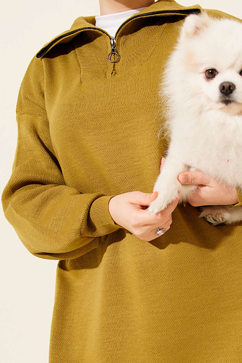 Half-Zip Collar Knit Dress Olive Green