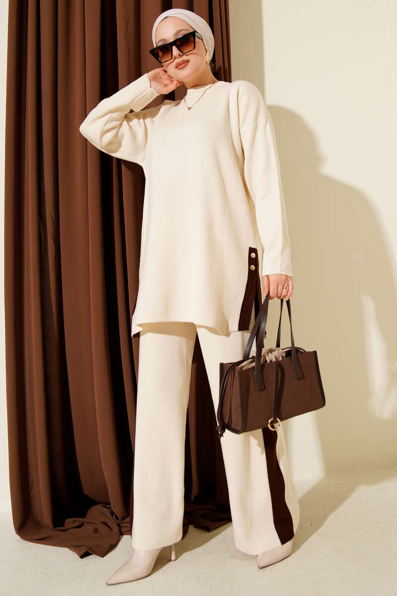 Şerit Detaylı Triko İkili Takım bej