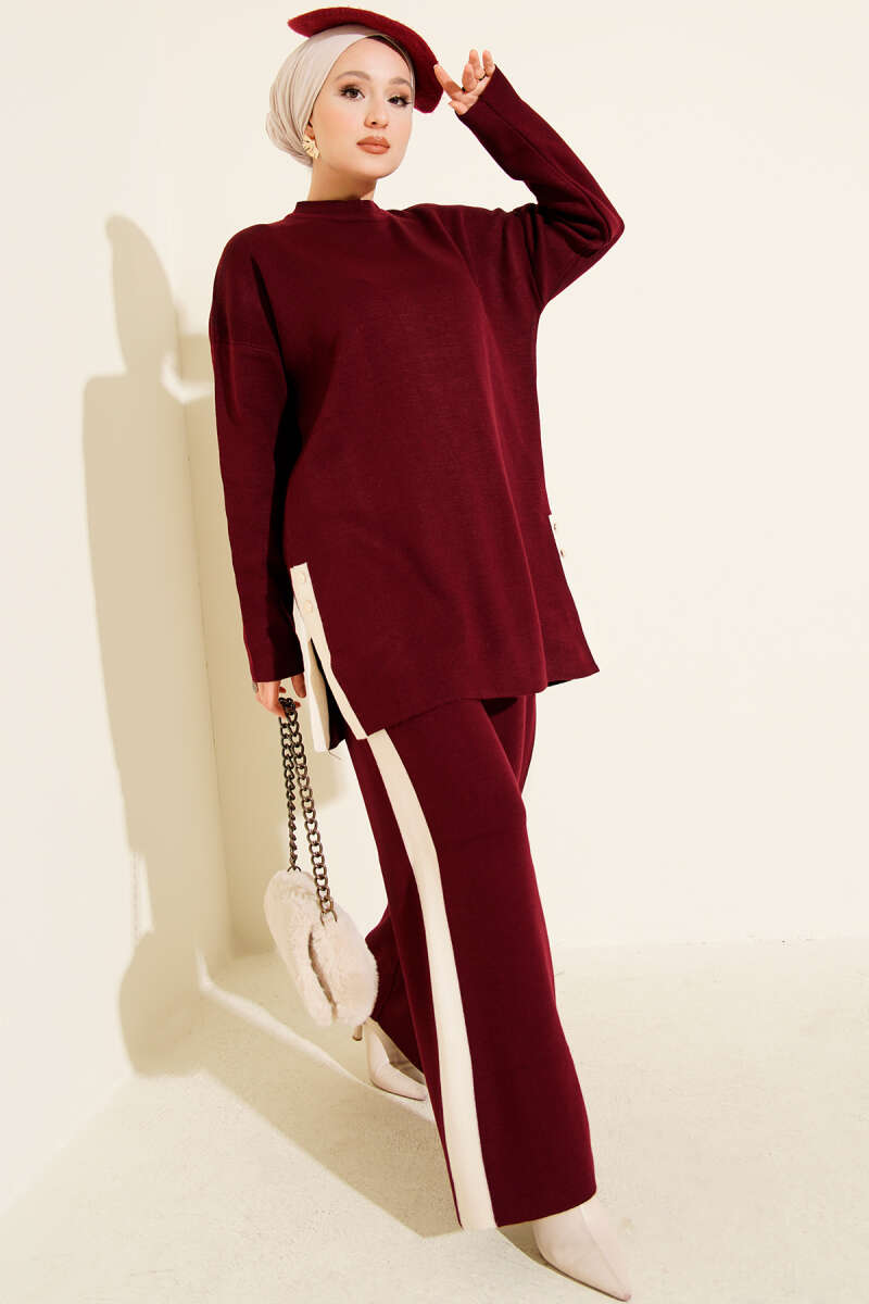 Şerit Detaylı Triko İkili Takım bordo