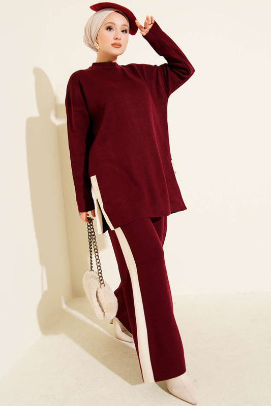 Şerit Detaylı Triko İkili Takım bordo