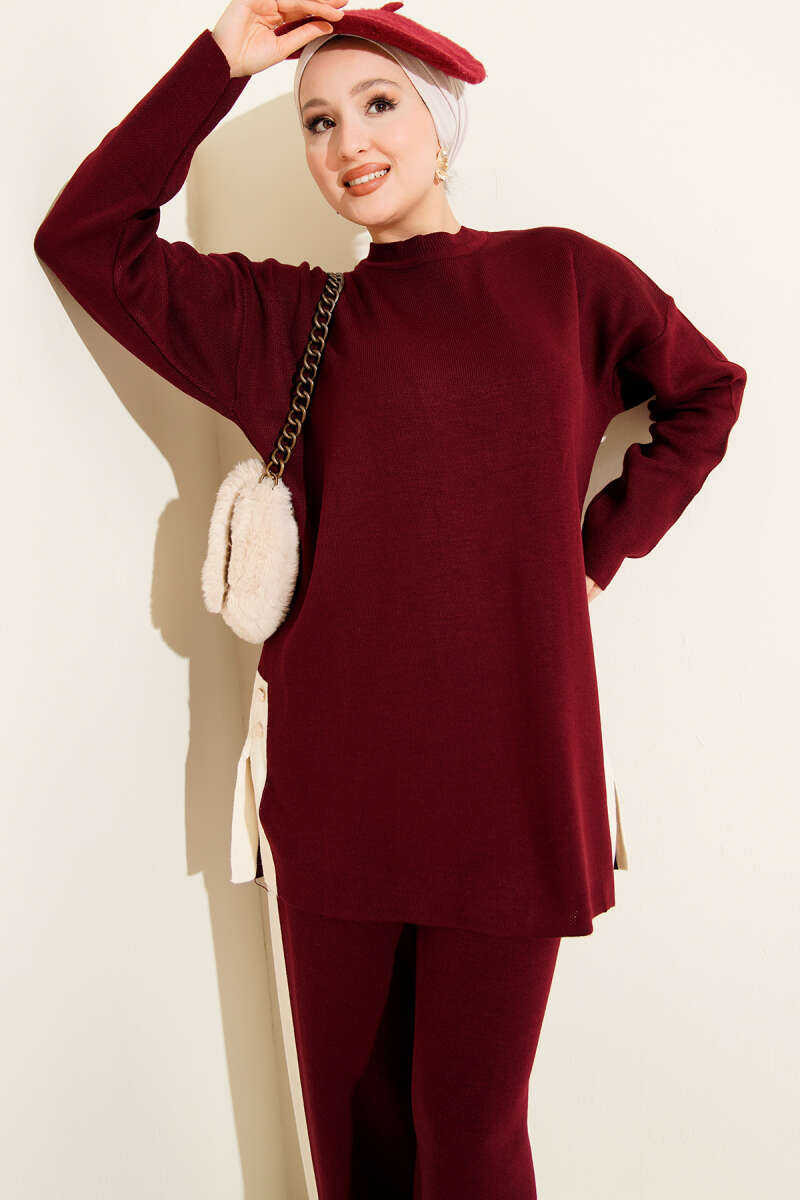 Şerit Detaylı Triko İkili Takım bordo