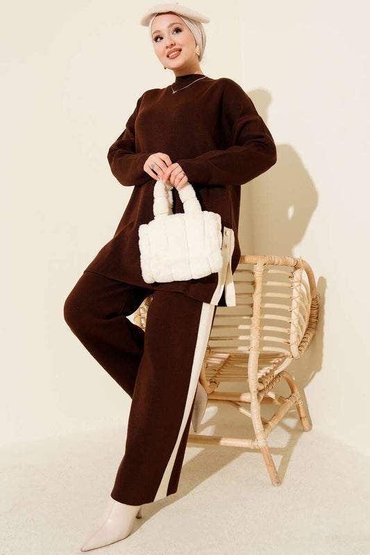 Şerit Detaylı Triko İkili Takım kahverengi