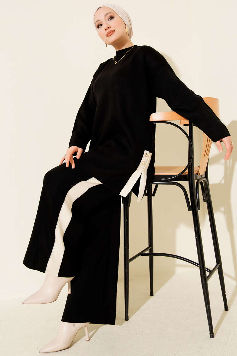 Şerit Detaylı Triko İkili Takım Siyah