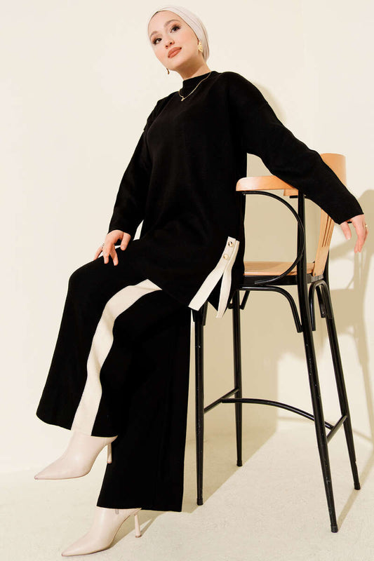 Şerit Detaylı Triko İkili Takım Siyah