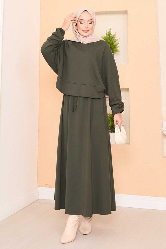 Yarasa Kol Crop Etek Takım Haki