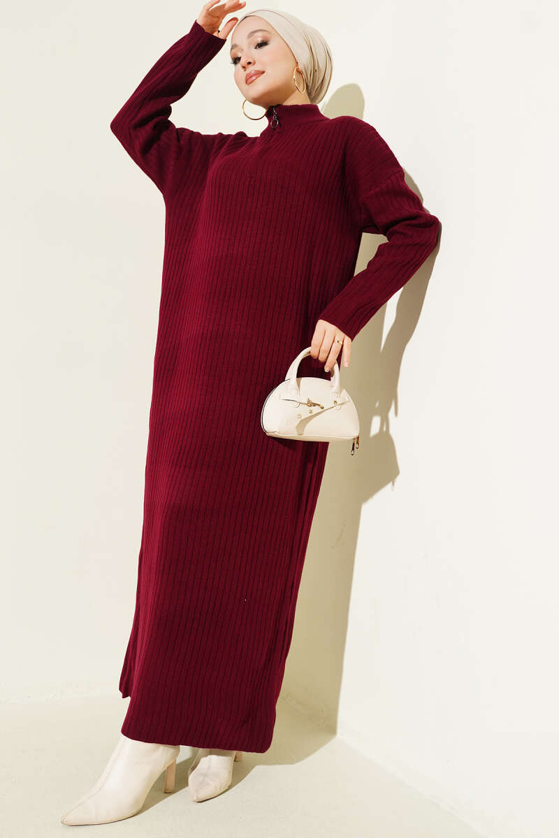 Yarım Fermuarlı Dik Fitilli Triko Elbise bordo