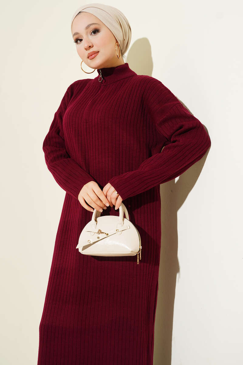 Yarım Fermuarlı Dik Fitilli Triko Elbise bordo