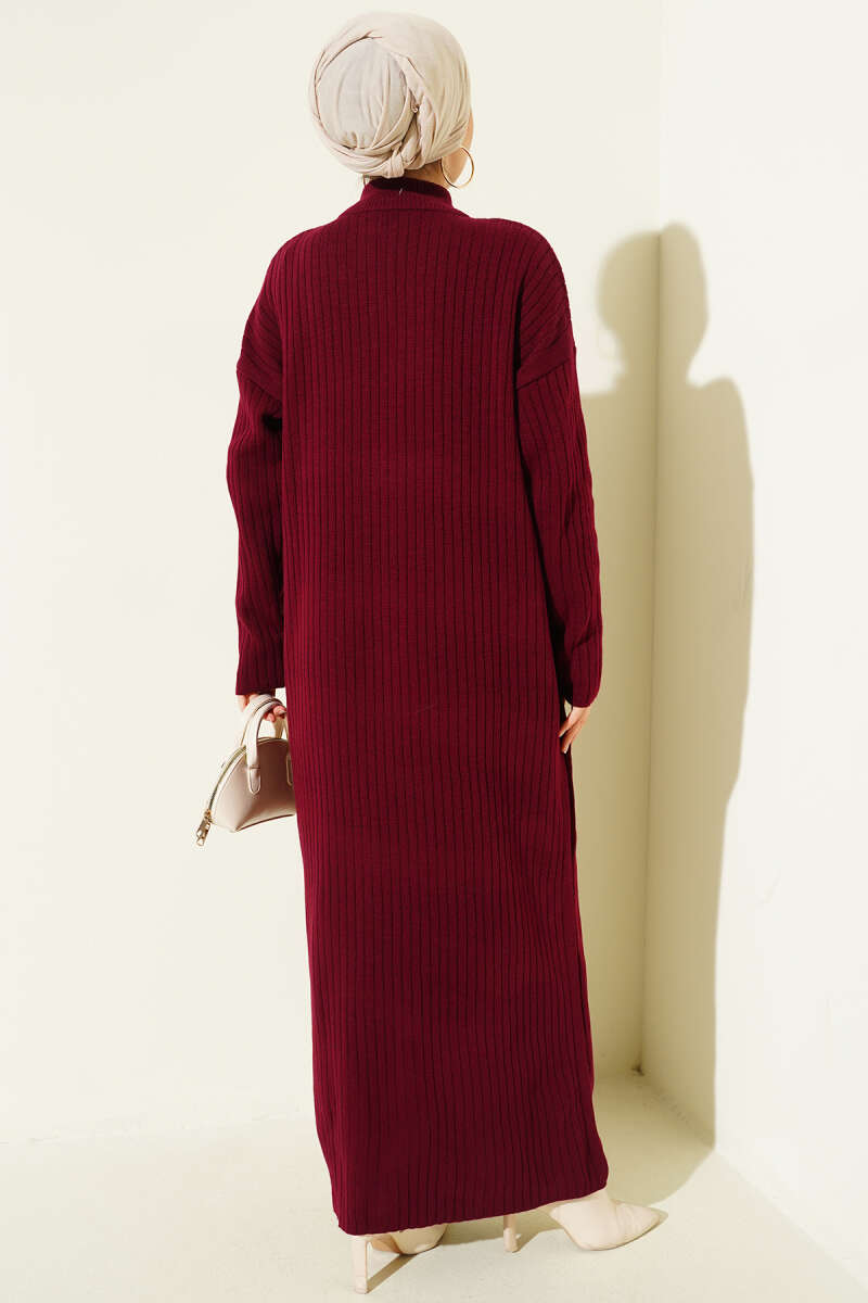 Yarım Fermuarlı Dik Fitilli Triko Elbise bordo
