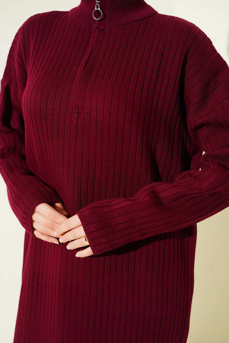 Yarım Fermuarlı Dik Fitilli Triko Elbise bordo