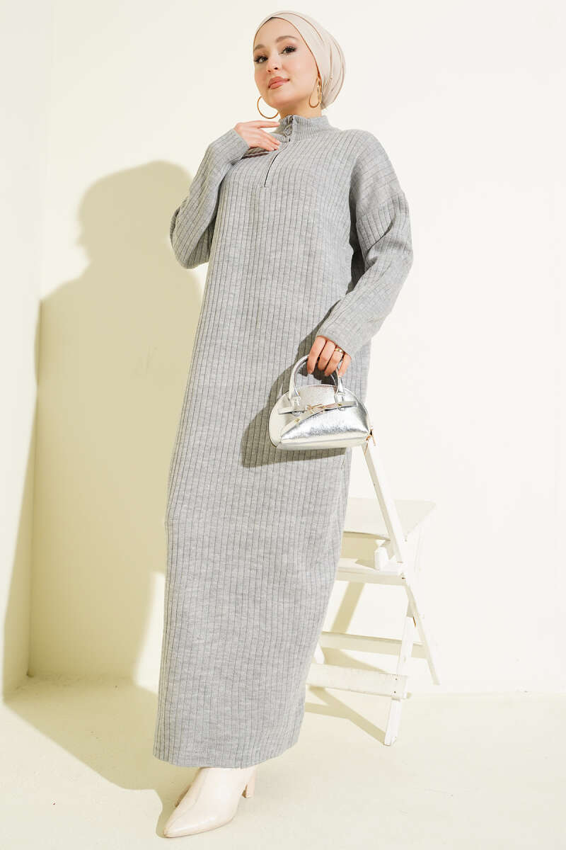 Yarım Fermuarlı Dik Fitilli Triko Elbise gri