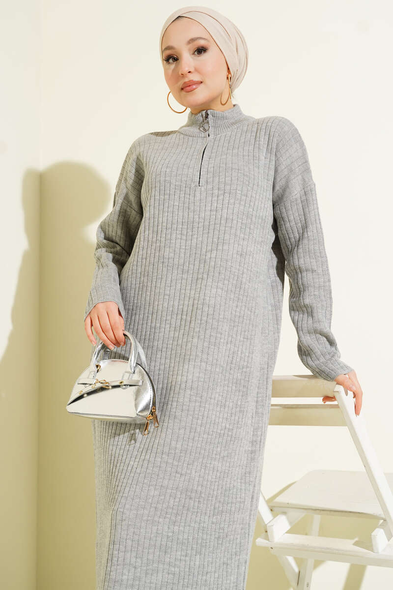 Yarım Fermuarlı Dik Fitilli Triko Elbise gri