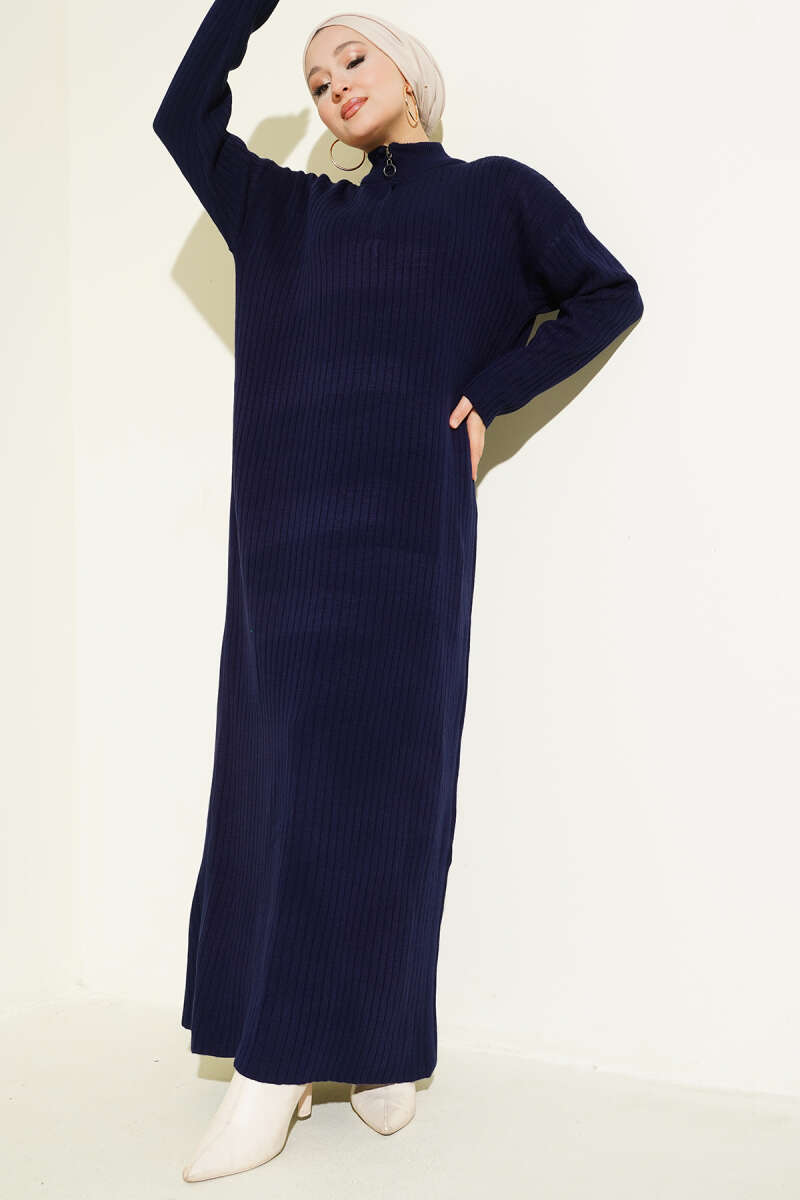 Yarım Fermuarlı Dik Fitilli Triko Elbise Lacivert